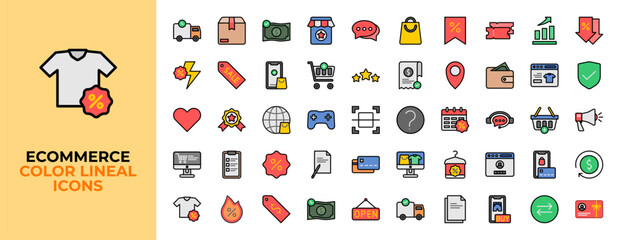 E-Commerce Icons set.  Shopping. Online shopping. Marketplace. Lineal color icons vector
