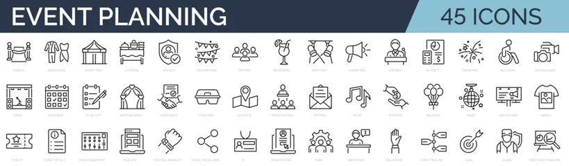 Foto op Aluminium Set of 45  outline icons related to event planning, organisation. Linear icon collection. Editable stroke. Vector illustration © SkyLine