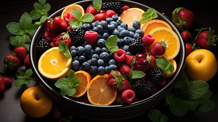 Fototapeta na wymiar a bowl of fruit with oranges, raspberries, strawberries, and lemons. generative ai