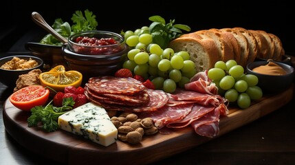 Obraz na płótnie Canvas a platter of meats, cheeses, bread, and fruit. generative ai