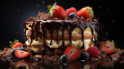 Fototapeta na wymiar a cake with chocolate icing, strawberries, and chocolate sauce. generative ai