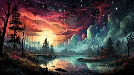 Fototapeta na wymiar a painting of a night scene with a lake and trees. generative ai