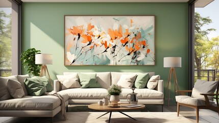  a living room filled with furniture and a painting on the wall.  generative ai