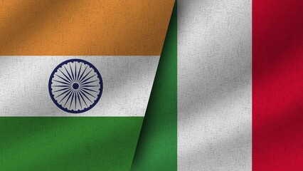 Italy and India Realistic Two Flags Together, 3D Illustration