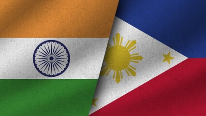 Philippines and India Realistic Two Flags Together, 3D Illustration
