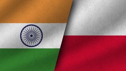 Poland and India Realistic Two Flags Together, 3D Illustration