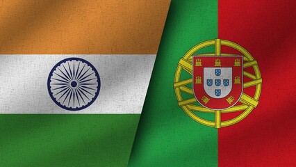 Portugal and India Realistic Two Flags Together, 3D Illustration