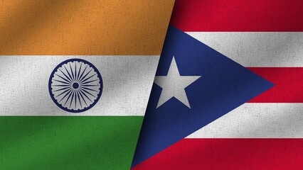 Puerto Rico and India Realistic Two Flags Together, 3D Illustration