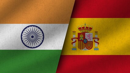 Spain and India Realistic Two Flags Together, 3D Illustration