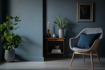 cozy living room with a green potted plant and a comfortable armchair. Generative AI