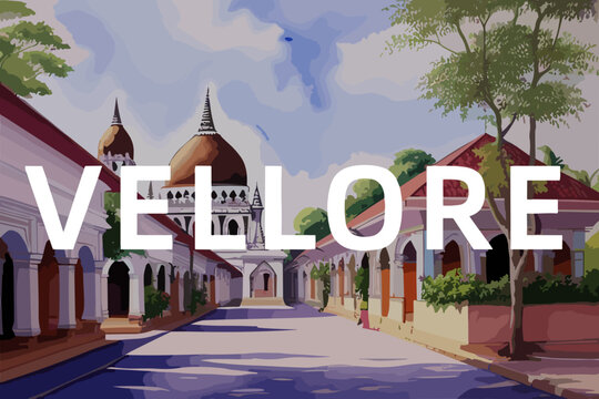 Beautiful watercolor painting of an Indian scene with the name Vellore in Tamil Nādu
