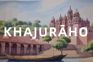 Beautiful watercolor painting of an Indian scene with the name Khajurāho in Madhya Pradesh