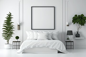  minimalistic white bedroom with a cozy bed, a potted plant, and a simple picture frame. Generative AI