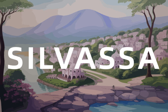 Beautiful watercolor painting of an Indian scene with the name Silvassa in Dādra and Nagar Haveli