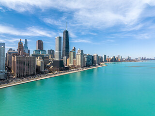 Fototapeta na wymiar Cityscape of Chicago Skyline aerial skyscrapers view and sea port