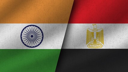 Egypt and India Realistic Two Flags Together, 3D Illustration