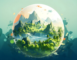 Planet style landscape globe with mountains trees and lake
