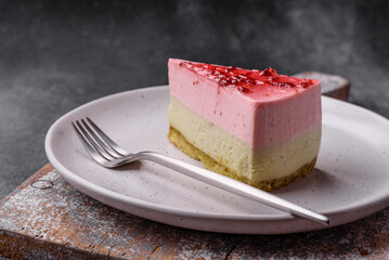 Delicious sweet dessert cheesecake with raspberry and pistachio flavor