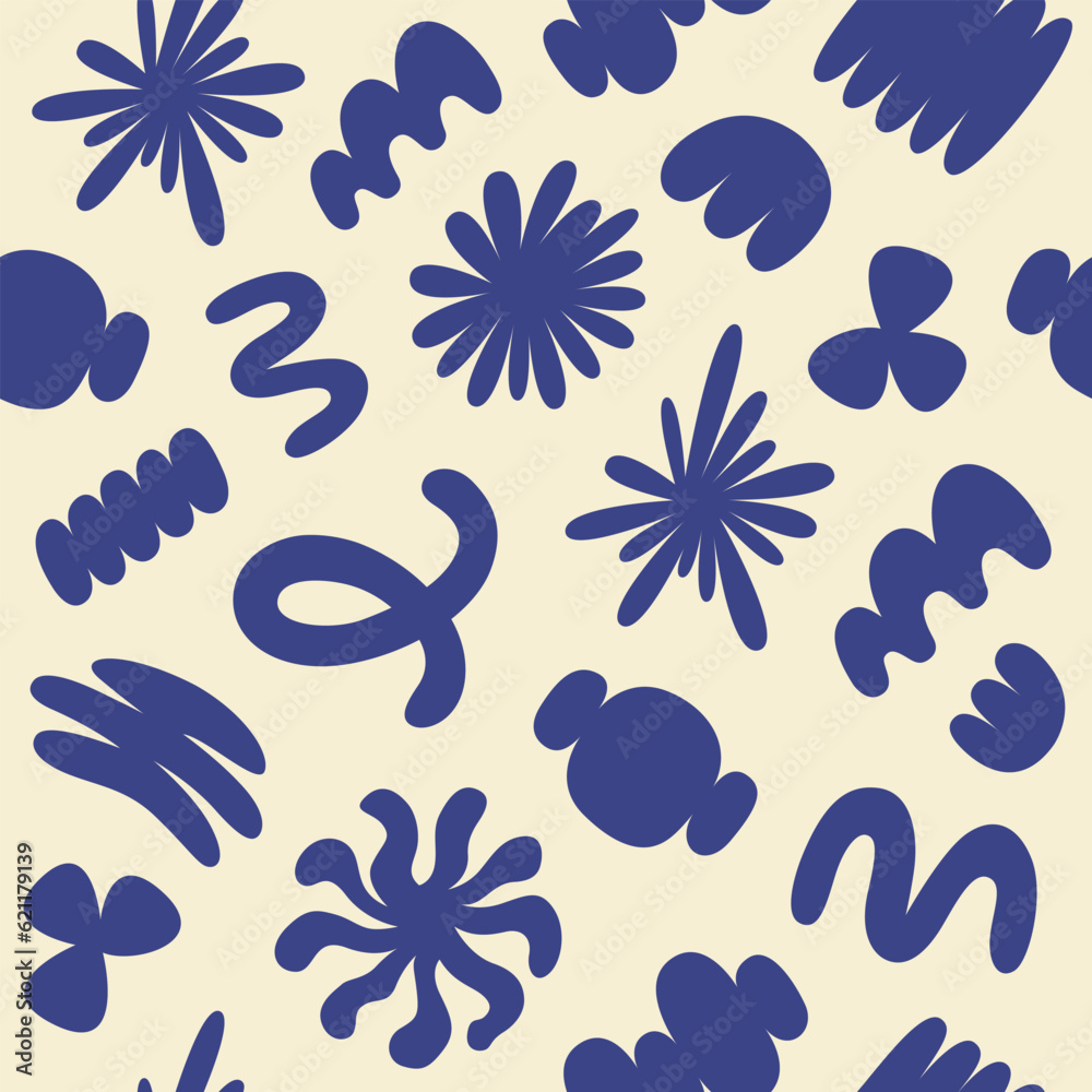 Poster abstract seamless pattern with blue organic cartoon shapes on a beige background. trendy random shap