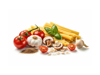 Classic Italian cooking ingredients: ripe tomatoes, uncooked spaghetti and mozzarella cheese, beautifully arranged in a rustic kitchen setting.