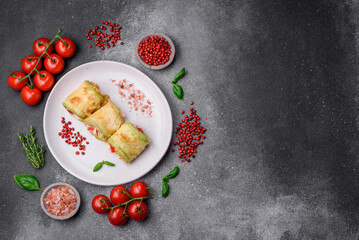Delicious healthy vegetarian vegetable roll of zucchini, tomatoes, peppers and sauce