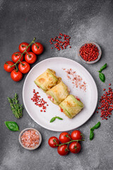 Delicious healthy vegetarian vegetable roll of zucchini, tomatoes, peppers and sauce