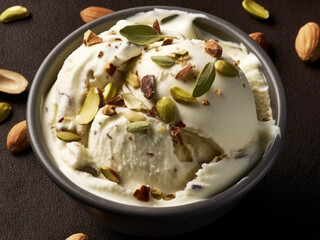 Scoops of italian ice cream, pistachio, hazelnut and almond on dark background, selective focus, italian gelato, recipe ice cream, recipe menu background