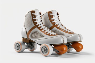 pair of retro roller skates in white and brown colors. Generative AI