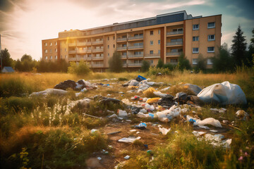 Nearby territory at the apartment building covered with huge amount of litter and garbage. AI generative image