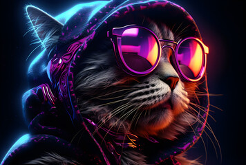 black light cyberpunk kitten with sunglasses portrait UV ultra violet glow