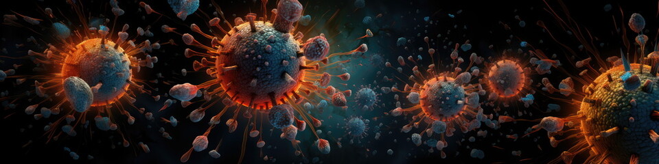 Obraz na płótnie Canvas Virus. Swarm of Virus in infection mode. Hand edited generative AI. 