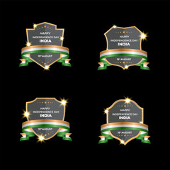 Retro vintage happy independence day India ribbon flag badge set. Independence Day,  15th August. vector illustration