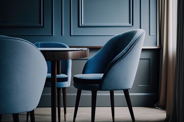 dining room with a round table and blue chairs. Generative AI