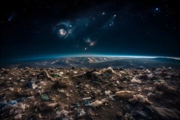 Enormous garbage pile reaching outer space showing pollution problems. AI generative image so far - obrazy, fototapety, plakaty