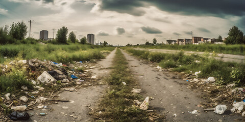 Fototapeta premium AI generative panoramic image of the road full of trash and garbage. Environment pollution problems
