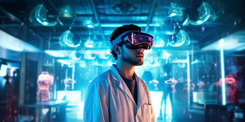 The scientist wearing a virtual reality,sci-fi environments, medical themes.