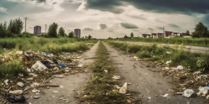 AI generative panoramic image of the road full of trash and garbage. Environment pollution problems