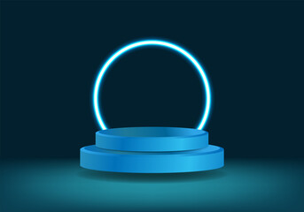 Blue display podium floating in the air with blue neon ring on background,cosmetic product podium .