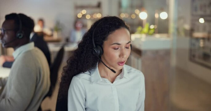 Contact center agent, lead generation and woman consulting with advice, sales or help desk worker with headset. Phone call, telecom office and customer support consultant in negotiation for service.