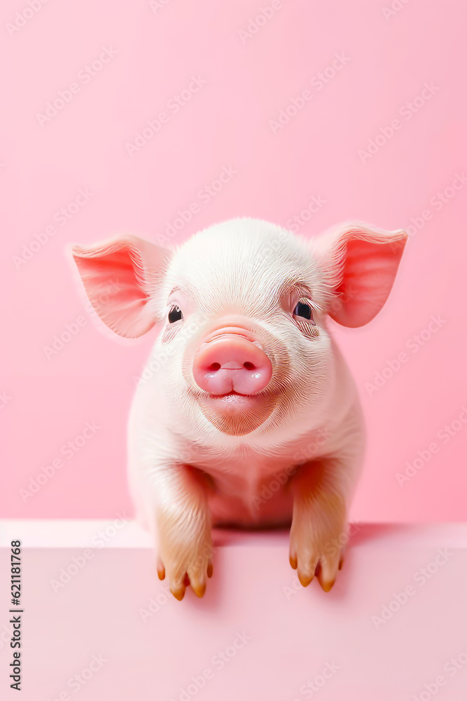 Wall mural Small pig sitting on top of white table next to pink wall. Generative AI.