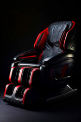 Black and red reclining chair sitting on black surface with black background. Generative AI.