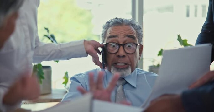 Senior man, paperwork and time management fail with multitasking and productivity, team leader and workflow crisis. Decision, schedule and communication, chaos and people in office with challenge