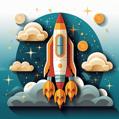 Art style rocket flying in space, takeoff concept, flat style vector illustration 