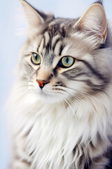 Close up of cat with blue eyes and long whiskers. Generative AI.