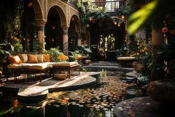 Decorated Moroccan Riad courtyard, featuring colorful tiles, lush plants, and a central fountain, conveying the tranquil and exotic atmosphere. Generative Ai