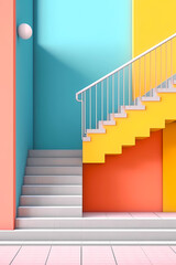 Set of stairs in room with blue wall and yellow door. Generative AI.