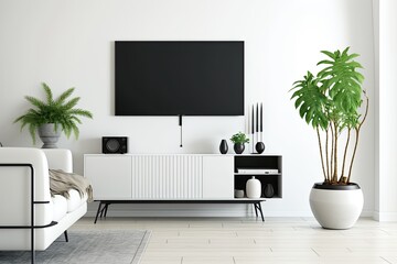 modern living room with white furniture and a large flat screen TV. Generative AI