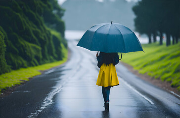 A view of a woman walking alone with an umbrella on a rainy day.
