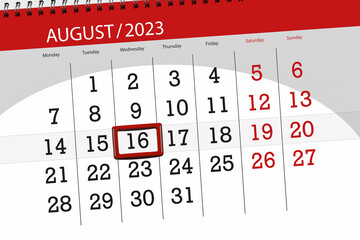 Calendar 2023, deadline, day, month, page, organizer, date, August, wednesday, number 16
