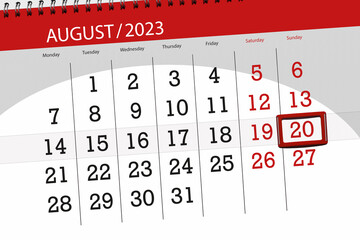 Calendar 2023, deadline, day, month, page, organizer, date, August, sunday, number 20